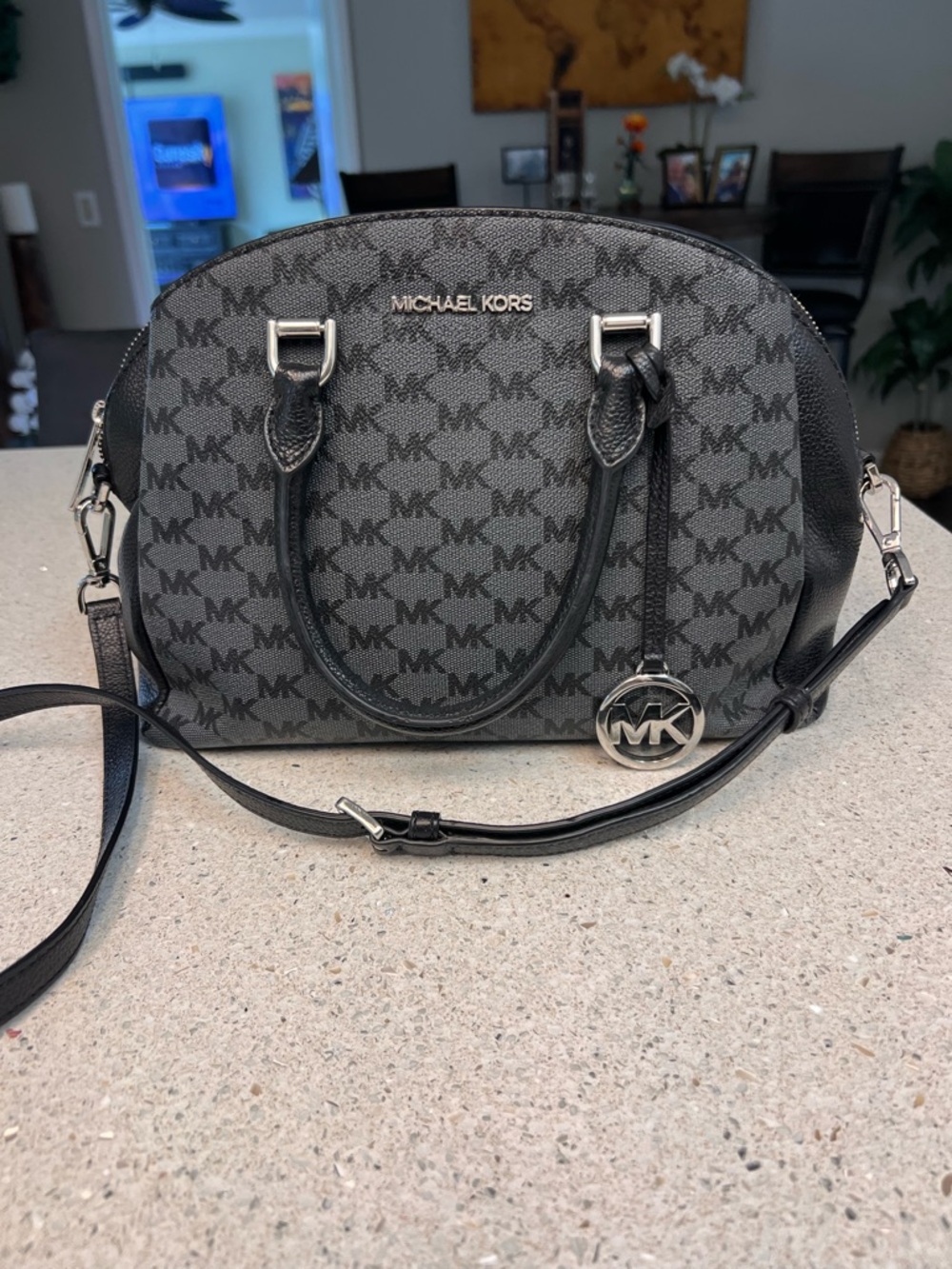 Michael Kors Black and Gray MK Signature Dome Satchel